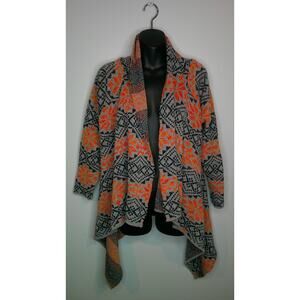Sweet Rain Short Sleeve Orange/Navy Women's Medium Open Front Cardigan Aztec